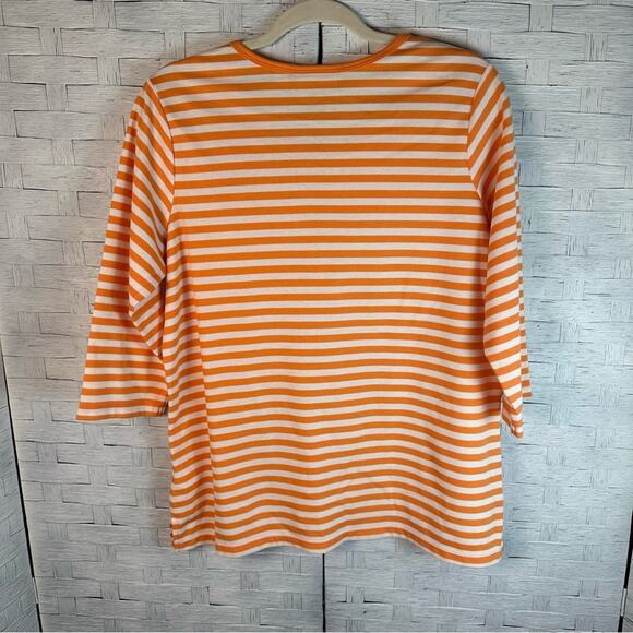 Quacker Factory 3/4 sleeve T-shirt orange white stripe sequin, hot pink flamingo - Picture 3 of 8